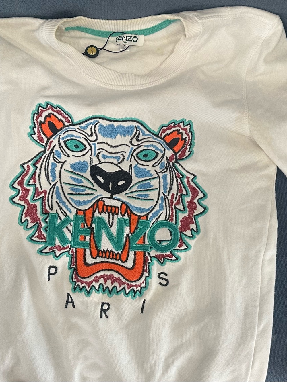 Kenzo White Long Sleeve Tee with Multicolor Embroidered Tiger